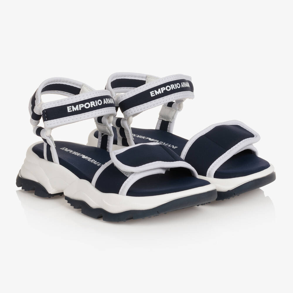 Emporio Armani - Boys Blue Logo Velcro Sandals | Childrensalon