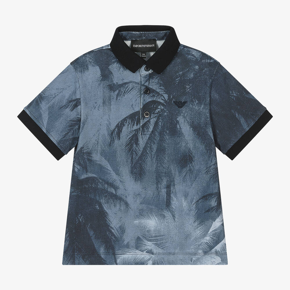 Emporio Armani-Boys Blue Palm Print Polo Shirt | Childrensalon Outlet