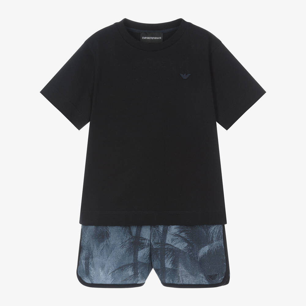 Emporio Armani-Boys Blue Palm Tree Cotton Shorts Set | Childrensalon Outlet