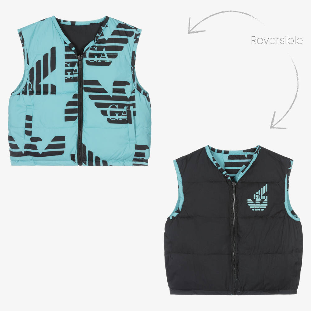 Emporio Armani - Boys Blue Reversible EA Crew Gilet | Childrensalon