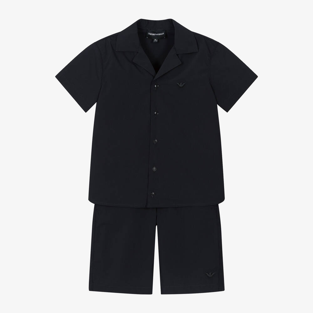 Emporio Armani-طقم شورت وقميص مزيج قطن لون كحلي للأولاد | Childrensalon Outlet
