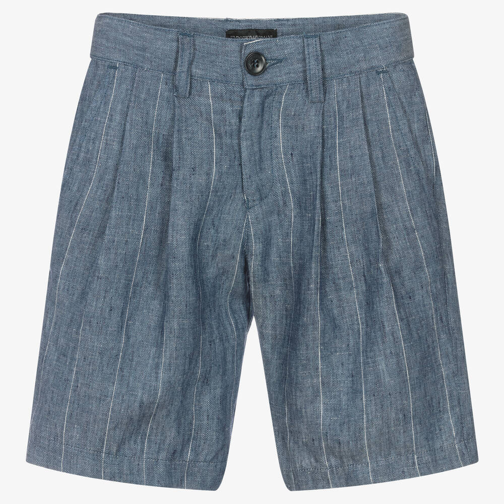 Emporio Armani - Boys Blue Striped Linen Shorts | Childrensalon