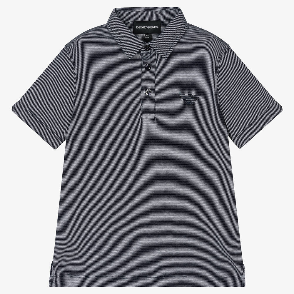 Emporio Armani - Boys Blue Striped Logo Polo Shirt | Childrensalon