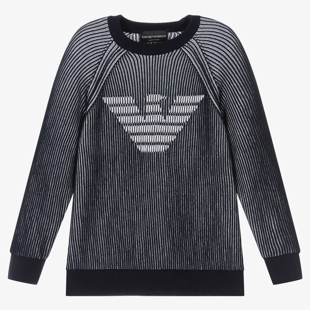 Emporio Armani - Boys Blue Striped Ribbed Logo Sweater | Childrensalon