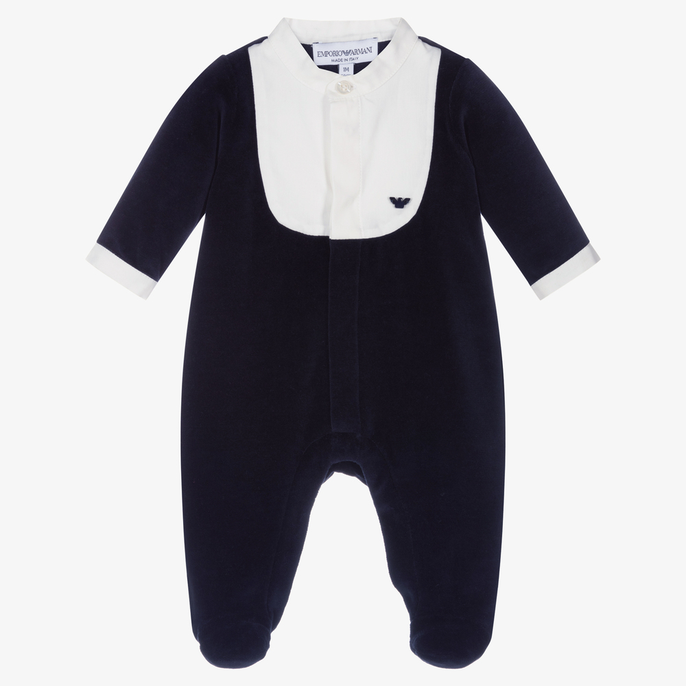 Emporio Armani - Boys Blue Velour Babygrow | Childrensalon