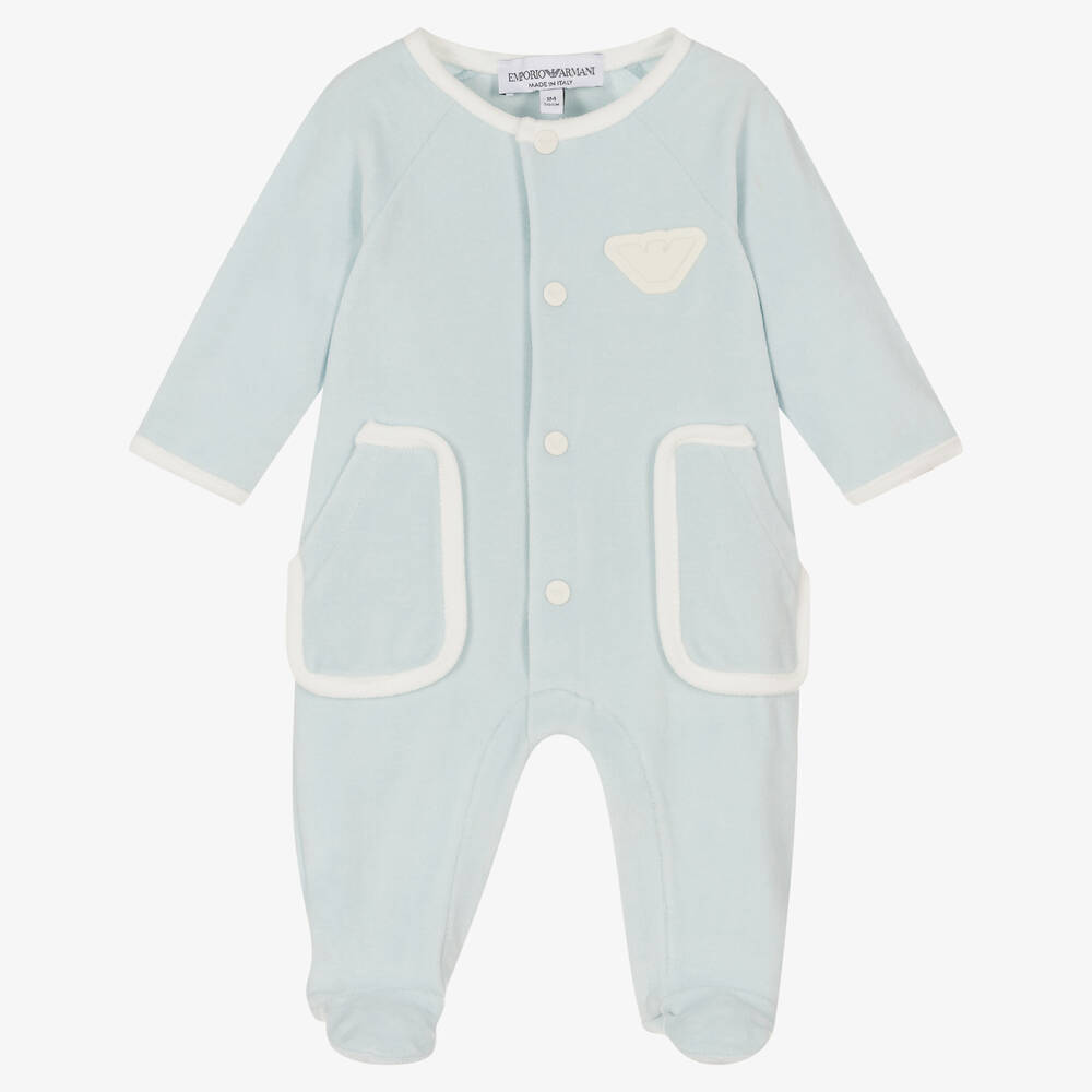 Emporio Armani - Blauer Velours-Strampler für Jungen | Childrensalon