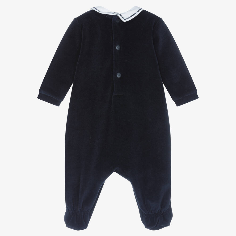 Emporio Armani-Boys Blue Velour Babygrow | Childrensalon Outlet