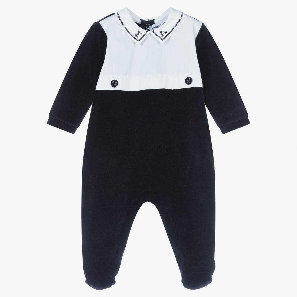 Emporio Armani - Boys Blue Velour Babygrow | Childrensalon