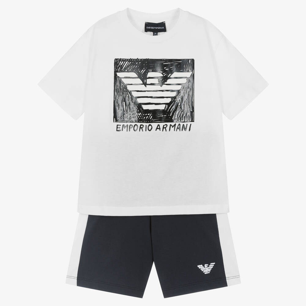 Emporio Armani - Boys Blue & White Cotton Logo Shorts Set | Childrensalon