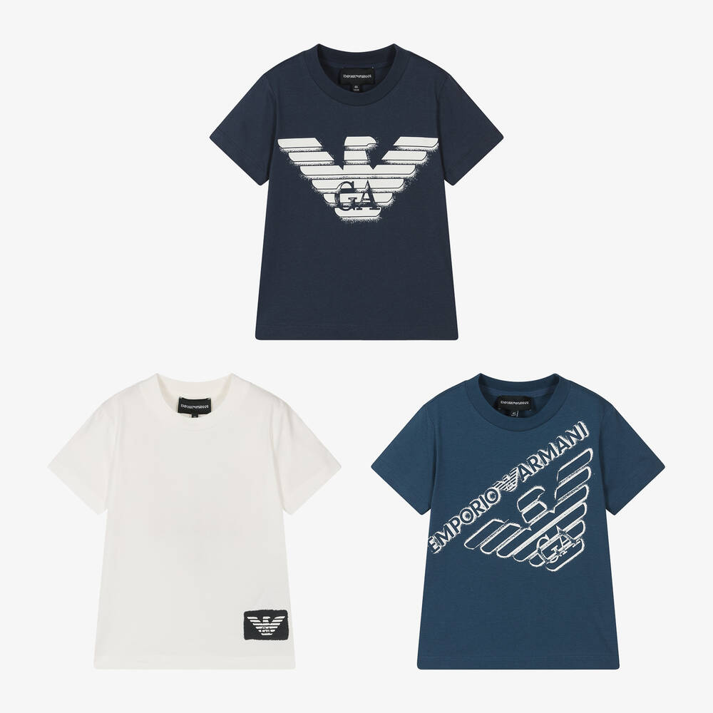 Emporio Armani-Boys Blue & White Cotton T-Shirts (3 Pack) | Childrensalon Outlet