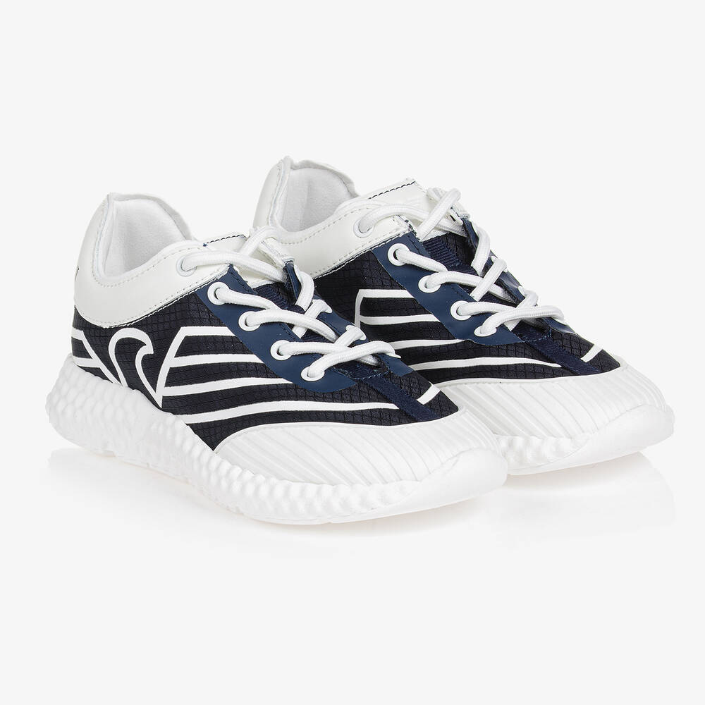 Emporio Armani - Boys Blue & White Lace-Up Trainers | Childrensalon Outlet