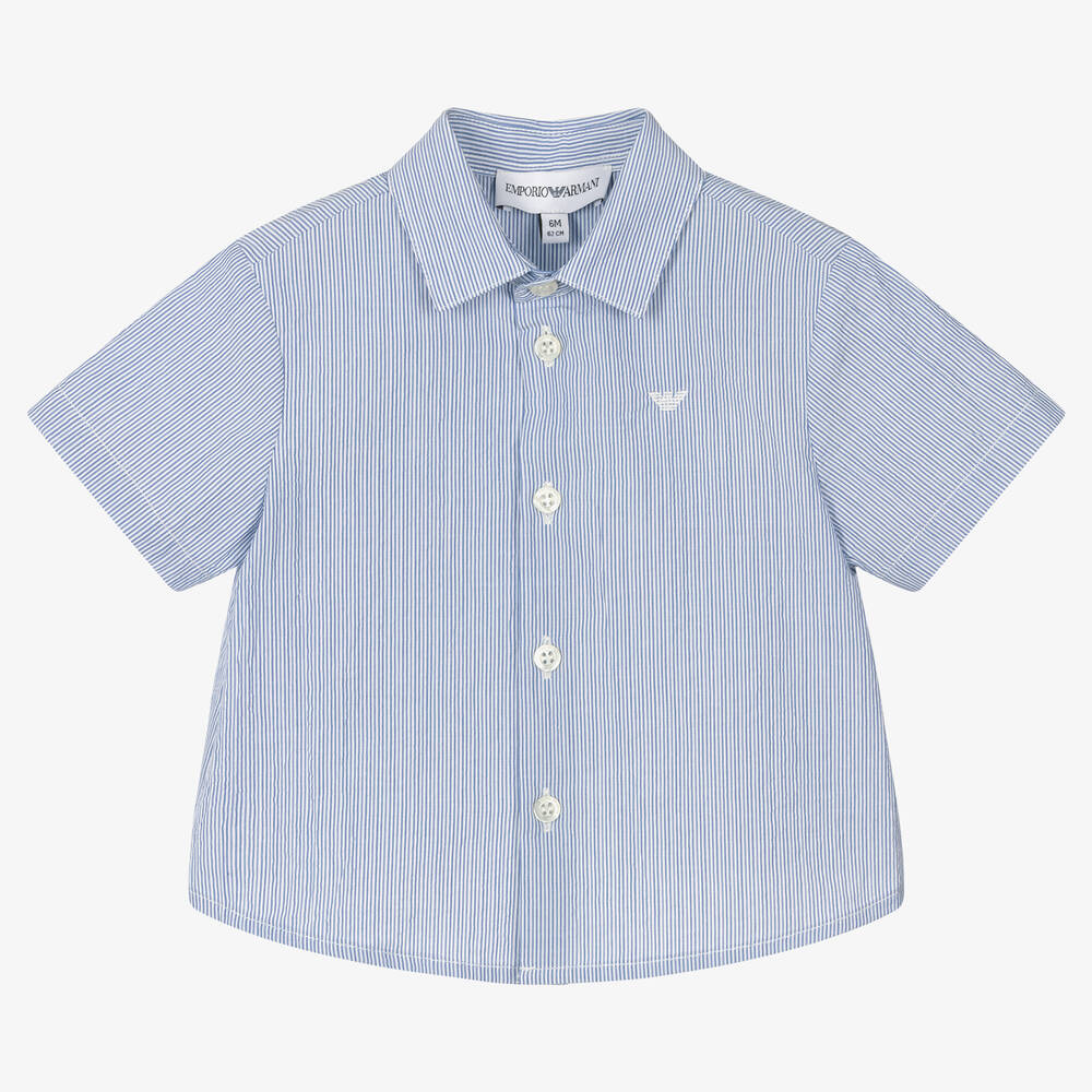 Emporio Armani - Boys Blue & White Striped Cotton Shirt  | Childrensalon