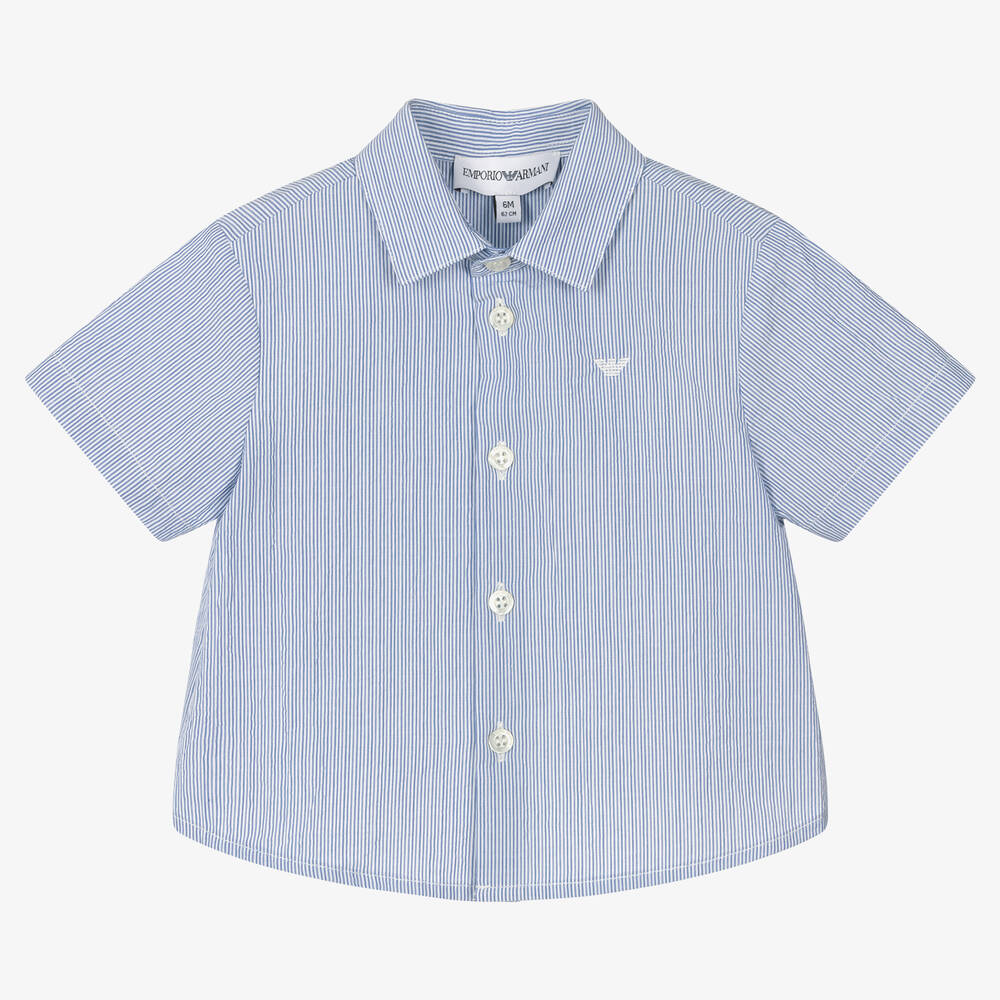 Emporio Armani-Boys Blue & White Striped Cotton Shirt  | Childrensalon Outlet