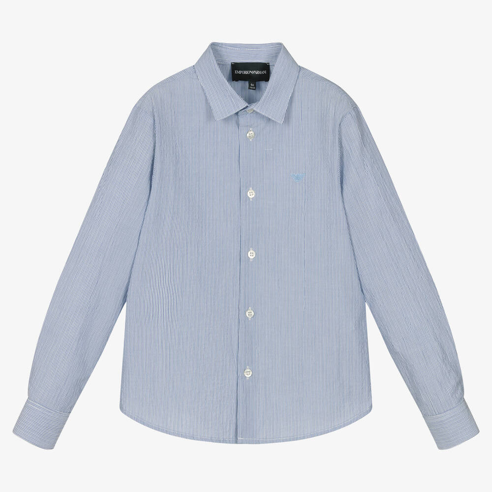 Emporio Armani - Boys Blue & White Striped Cotton Shirt | Childrensalon