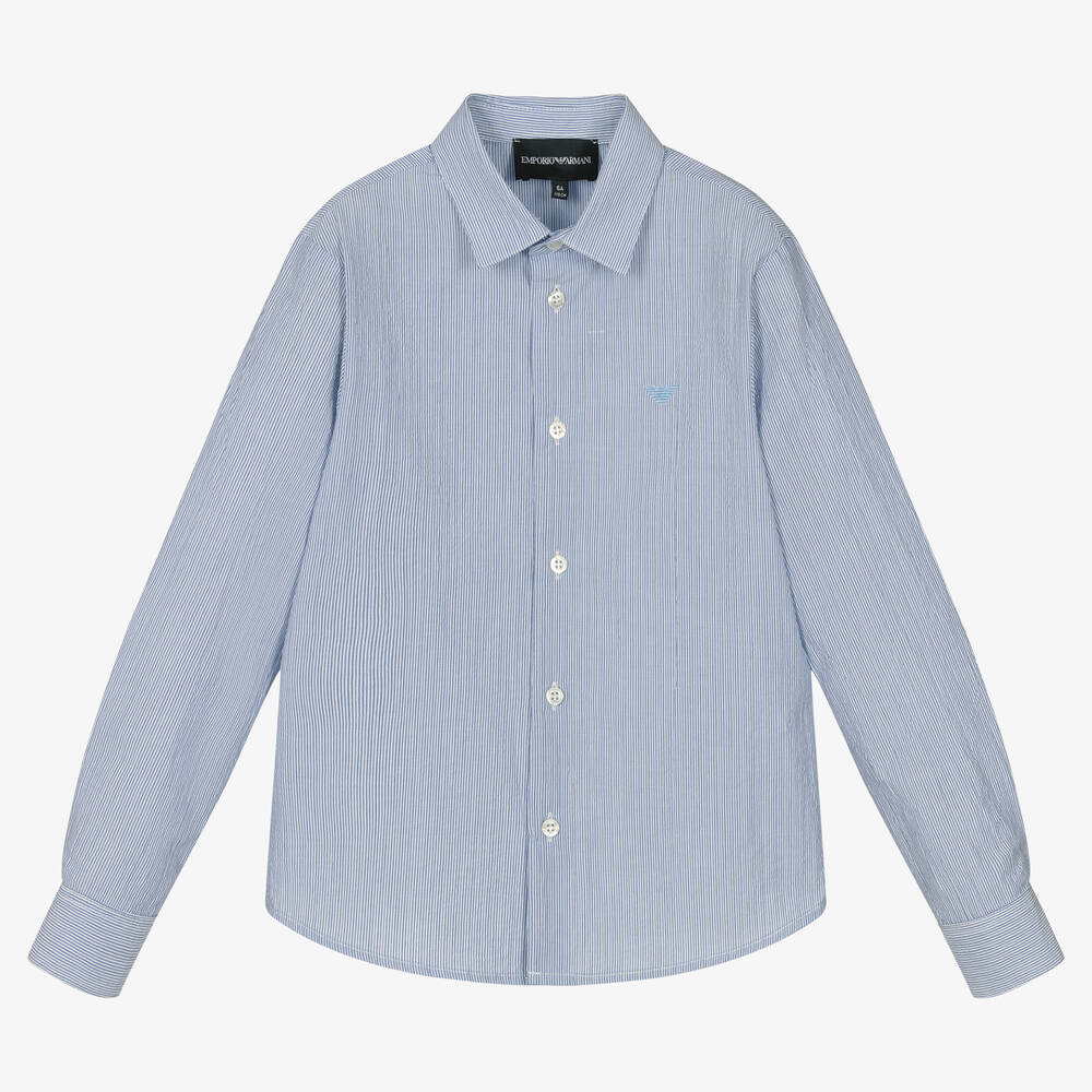 Emporio Armani Boys Blue White Striped Cotton Shirt Childrensalon Outlet