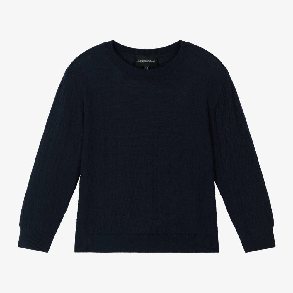 Emporio Armani-Boys Blue Wool Jacquard Jumper | Childrensalon Outlet