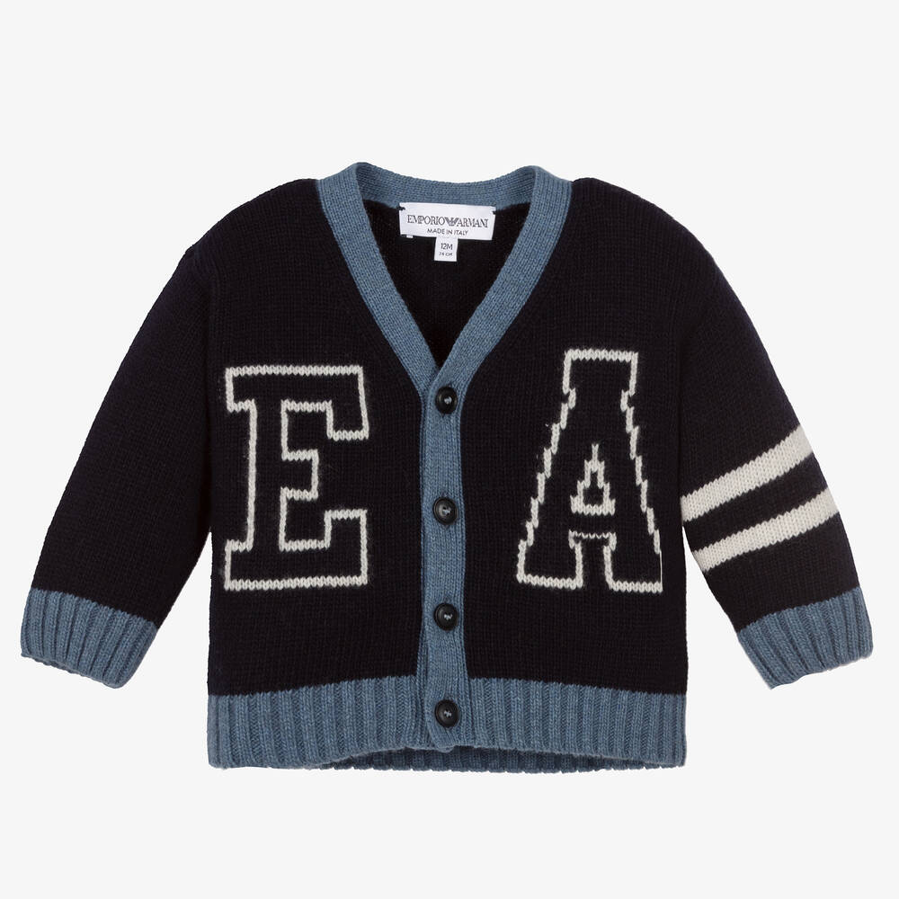 Emporio Armani - Boys Blue Wool Knit Cardigan | Childrensalon