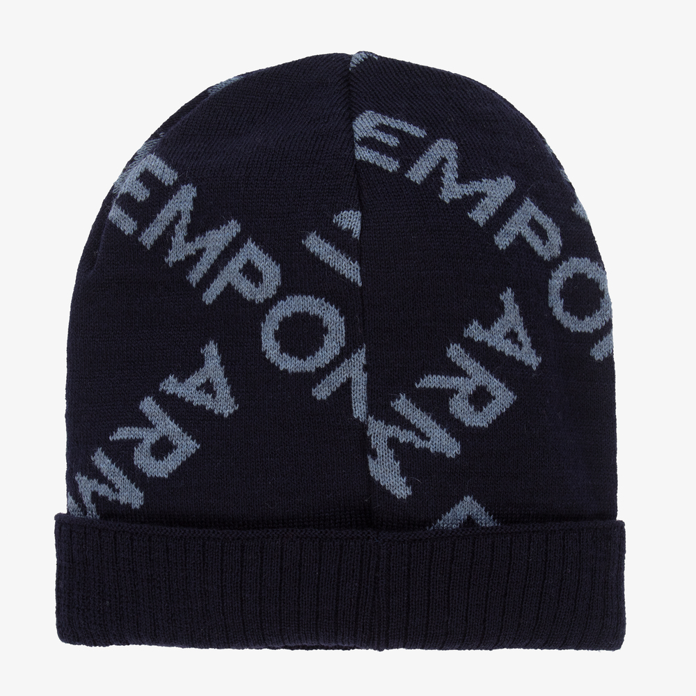 Emporio Armani-Boys Blue Wool Logo Hat Set | Childrensalon Outlet