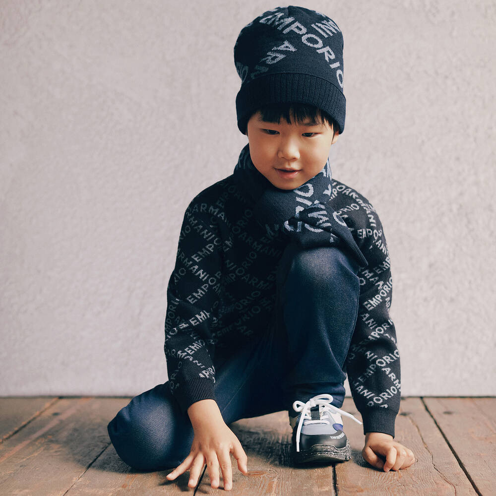 Emporio Armani Boys Blue Wool Logo Hat Set Childrensalon Outlet
