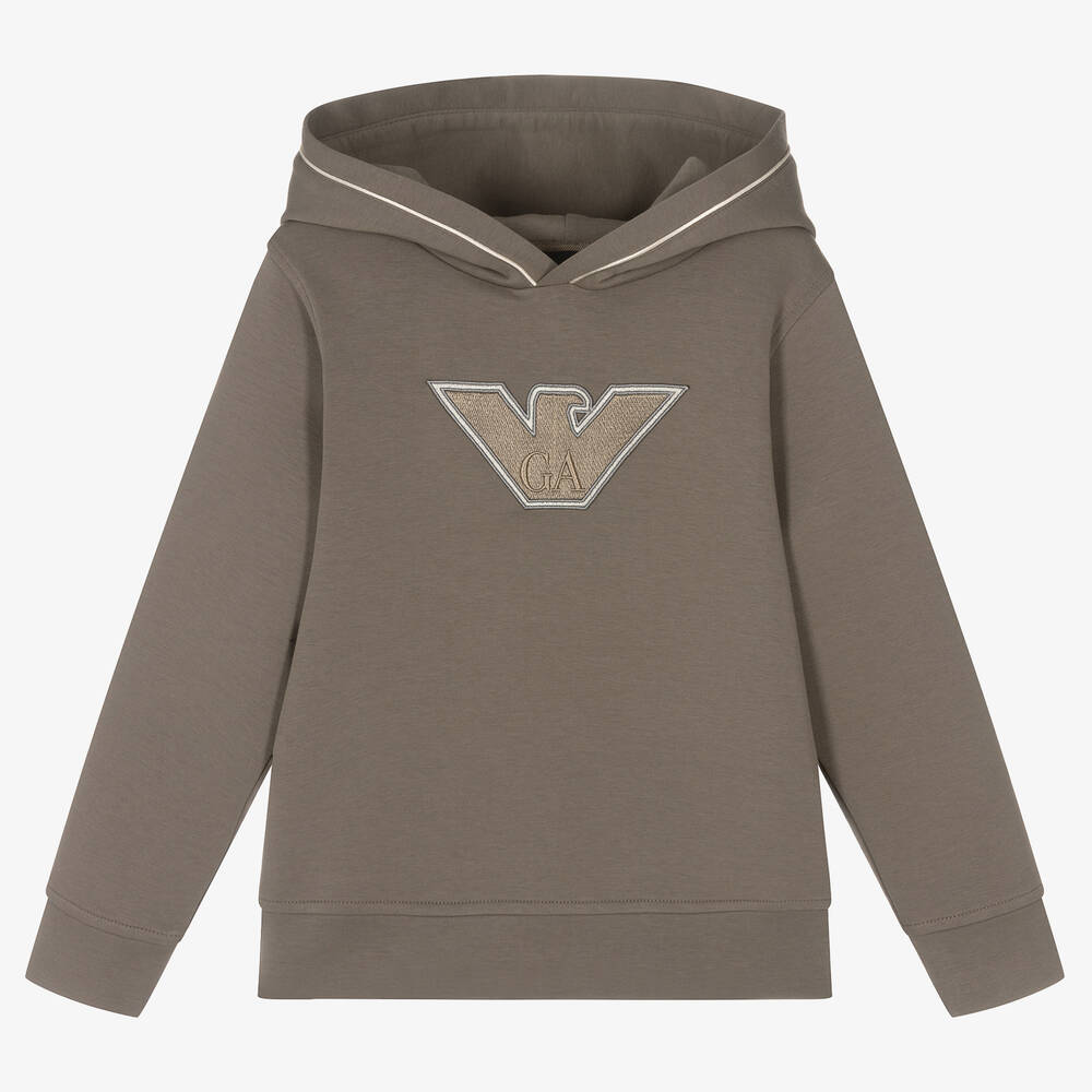 Emporio Armani - Sweat à capuche en coton marron aigle garçon | Childrensalon