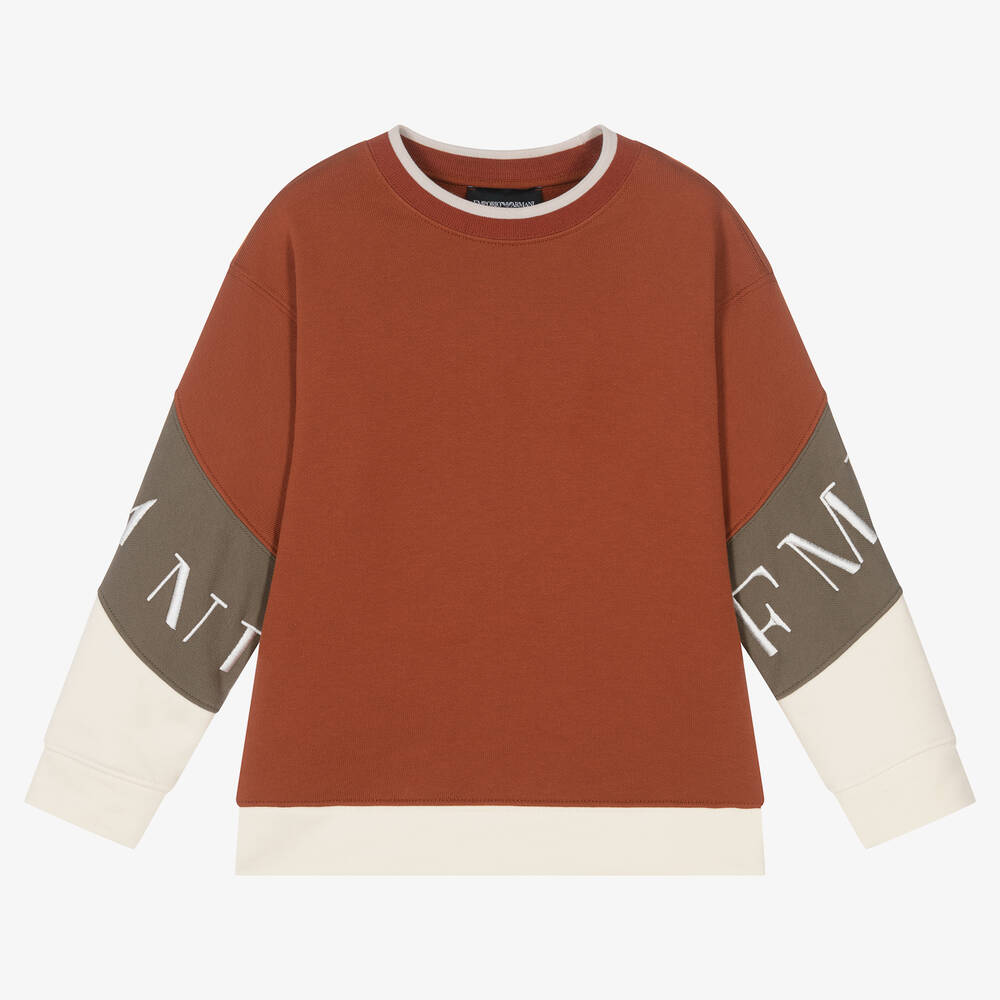 Emporio Armani - Boys Brown & Ivory Embroidered Sweatshirt | Childrensalon
