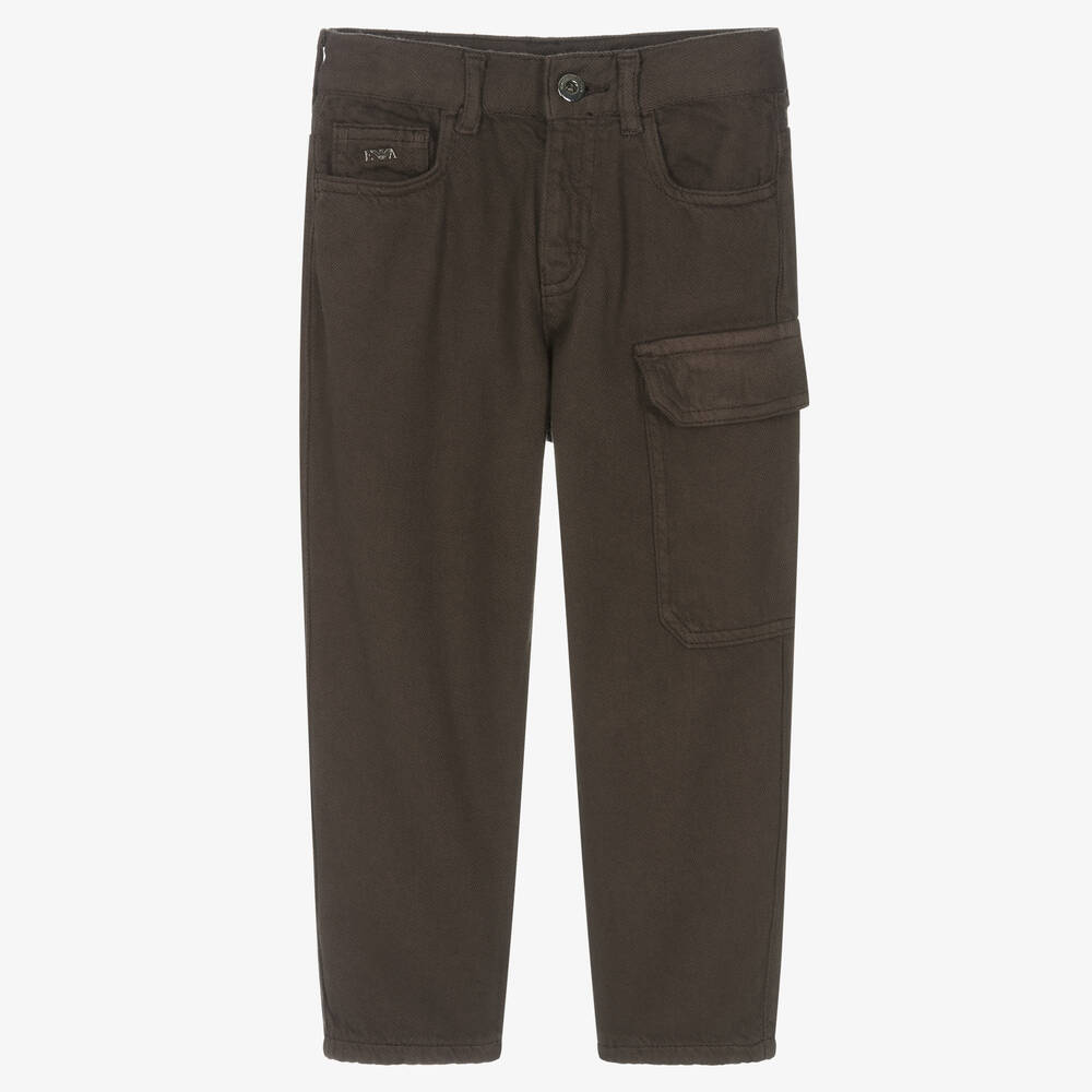 Emporio Armani - Boys Brown Organic Cotton Cargo Trousers  | Childrensalon
