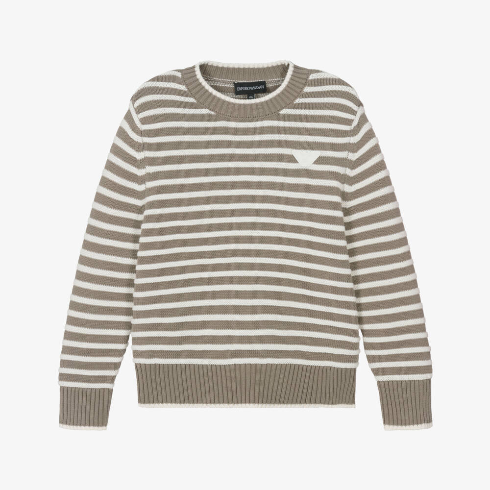 Emporio Armani-Boys Cozy Beige Striped Knit Jumper | Childrensalon Outlet