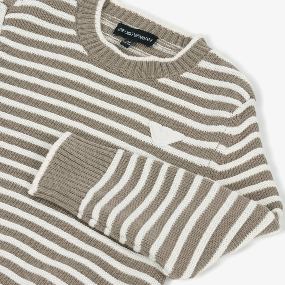 Emporio Armani-Boys Cozy Beige Striped Knit Jumper | Childrensalon Outlet