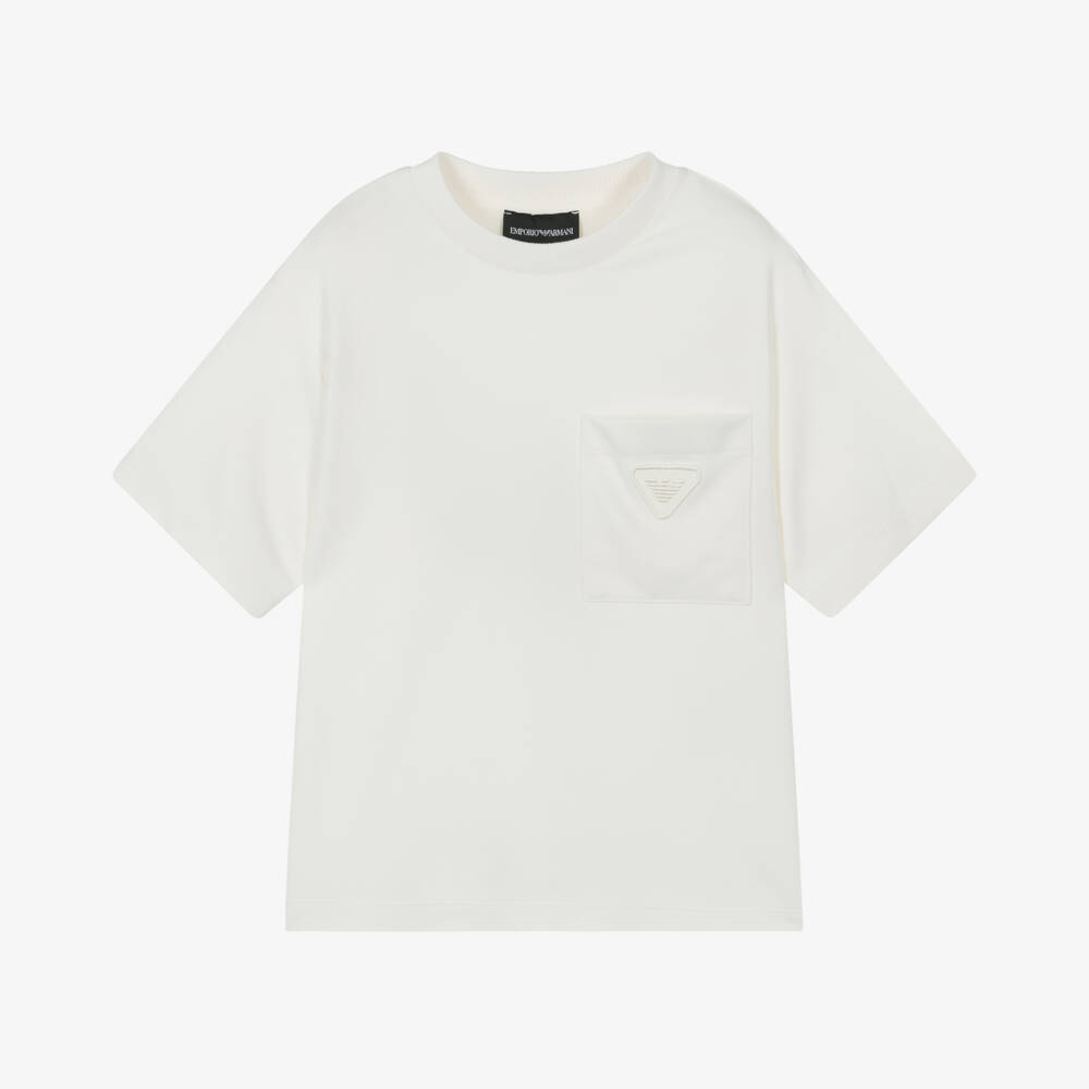 Emporio Armani-تيشيرت للأولاد بلون كريمي مع زخرفة نسر | Childrensalon Outlet