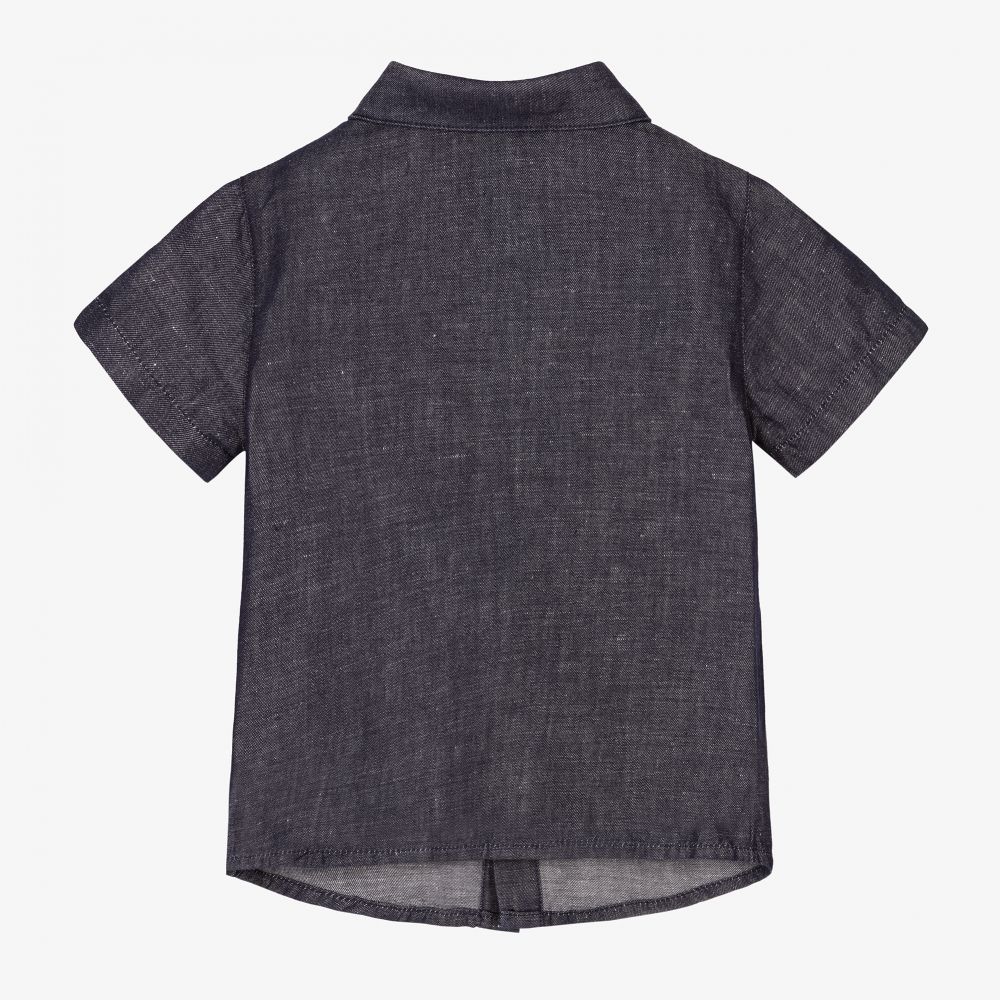 إمبوريو أرماني-قميص أطفال ولادي مزيج قطن وكتان لون أزرق داكن | Childrensalon Outlet