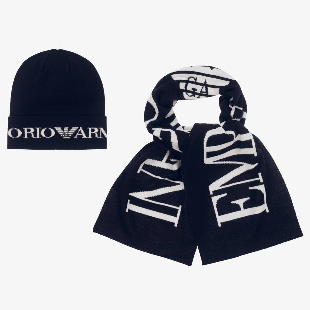 Emporio Armani-طقم قبعة وسكارف محبوك لون كحلي للأولاد | Childrensalon Outlet