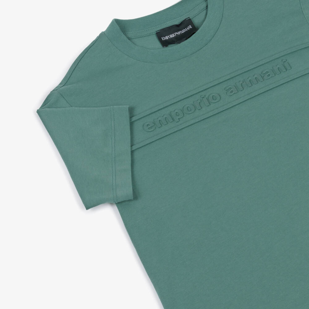 Emporio Armani-Boys Green Cotton Embossed Logo T-Shirt | Childrensalon Outlet