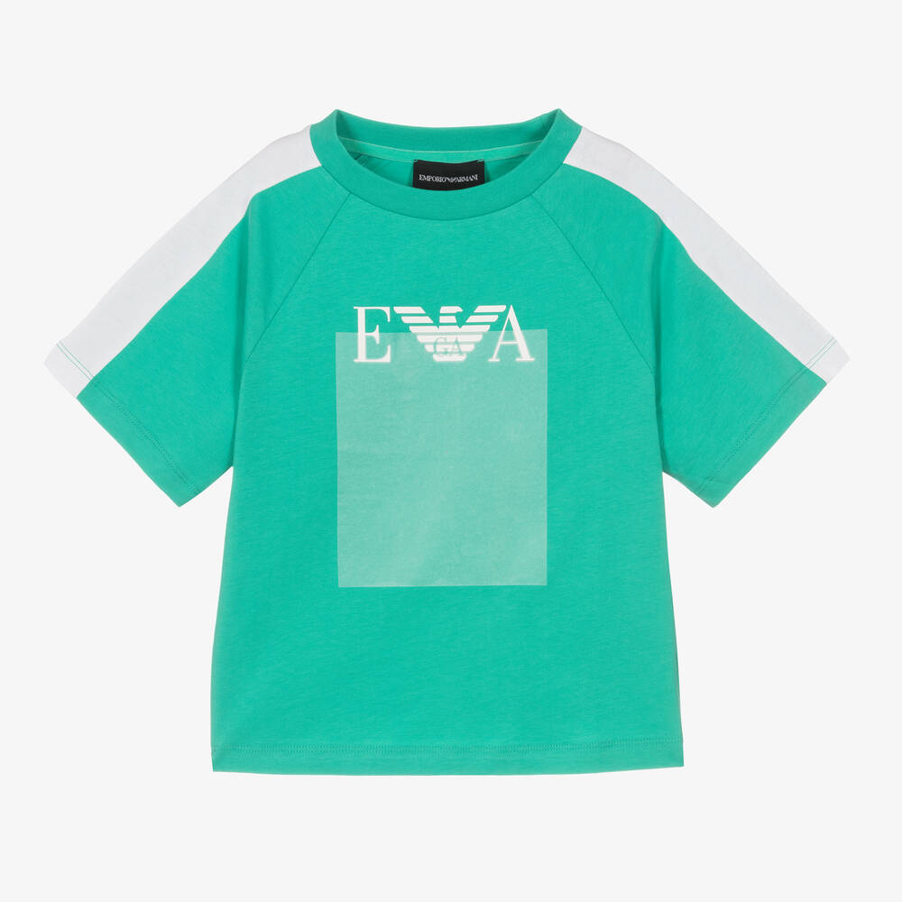 Emporio Armani - Boys Green Cotton Logo T-Shirt | Childrensalon