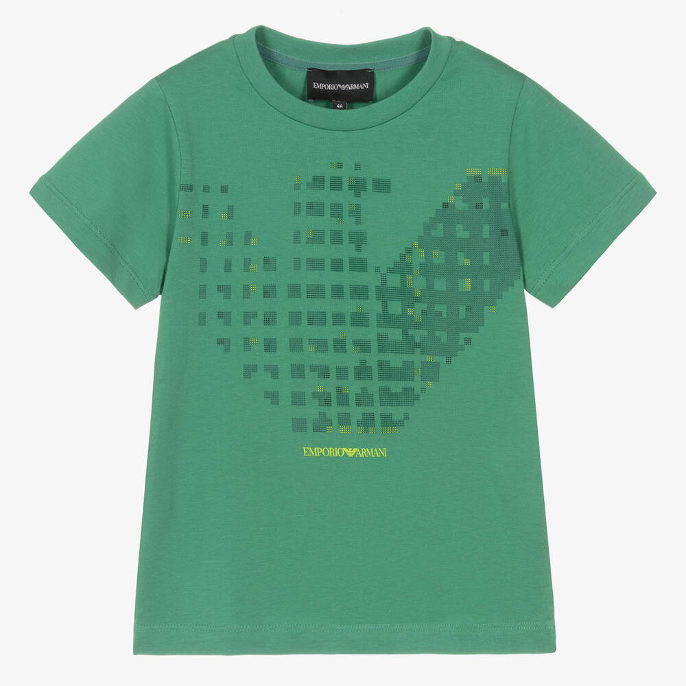 Emporio Armani - Зеленая хлопковая футболка с пиксельным орлом | Childrensalon