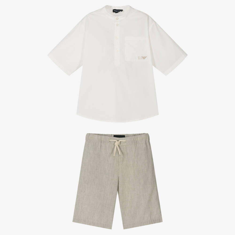Emporio Armani-Boys Green & Cream Striped Ensemble | Childrensalon Outlet