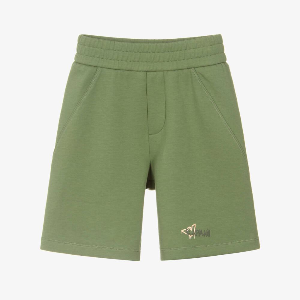 Emporio Armani-Boys Green Jersey Shorts with Spray-Paint Logo | Childrensalon Outlet