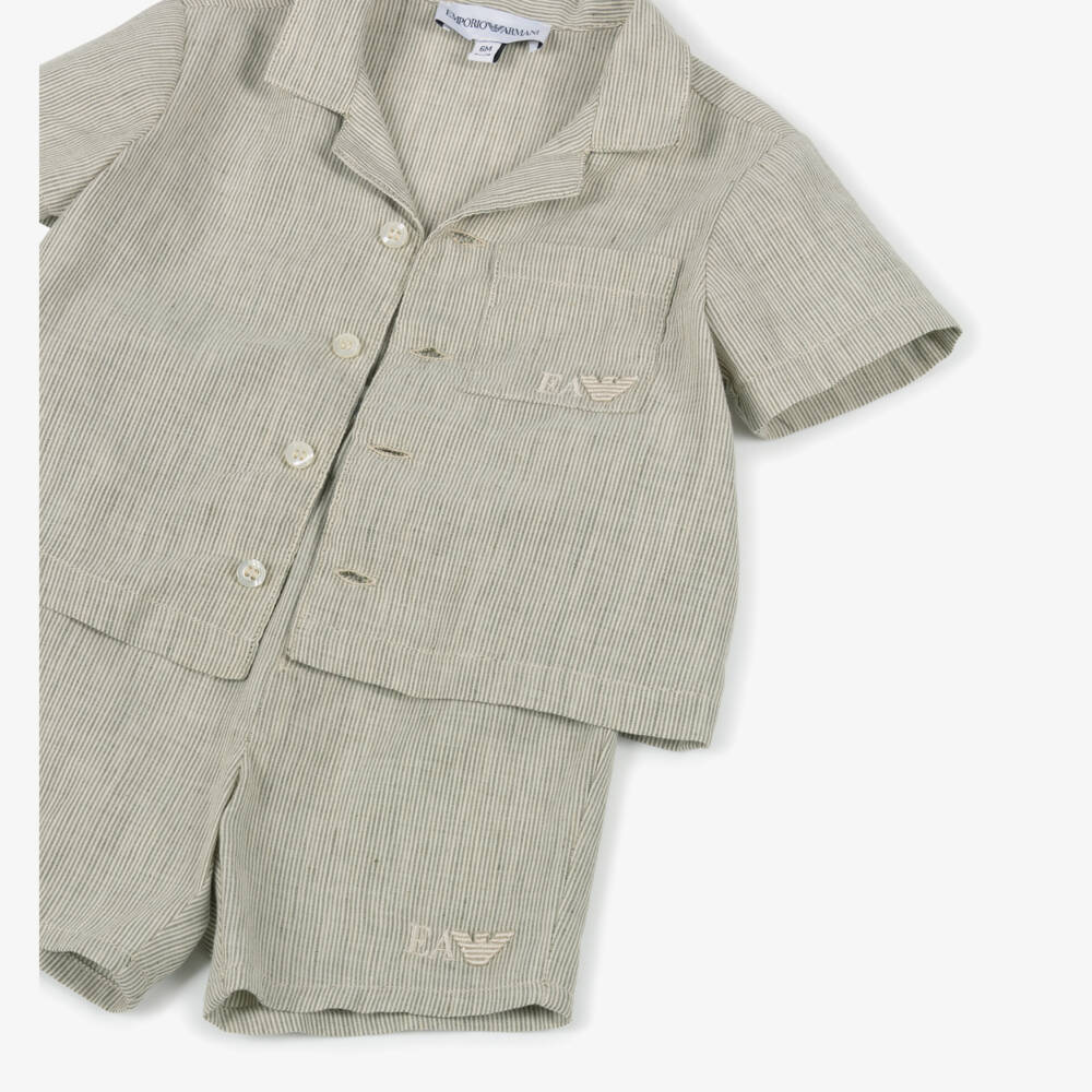 Emporio Armani-Boys Green Linen-Cotton Shorts Ensemble | Childrensalon Outlet