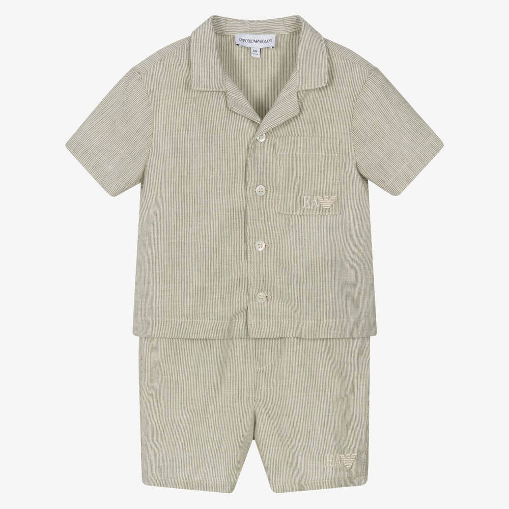 Emporio Armani-طقم شورتات للأولاد من الكتان والقطن باللون الأخضر | Childrensalon Outlet