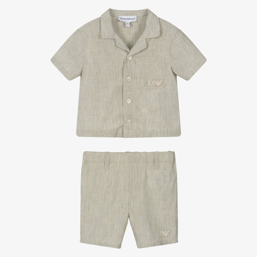 Emporio Armani-Boys Green Linen-Cotton Shorts Ensemble | Childrensalon Outlet