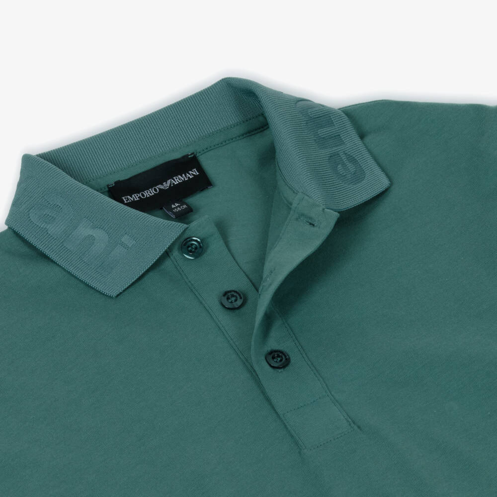 Emporio Armani-Boys Green Logo Collar Cotton Polo Shirt | Childrensalon Outlet
