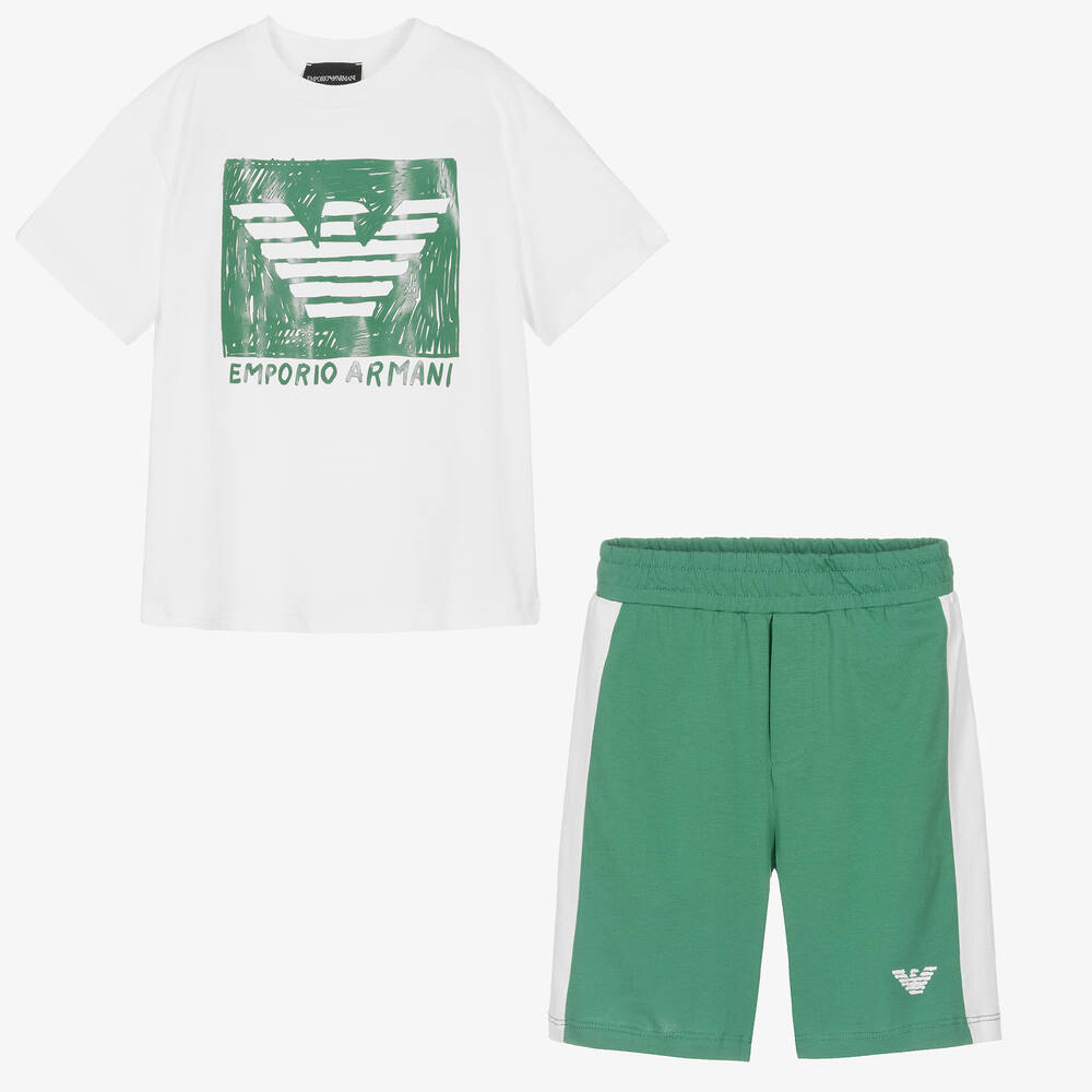 Emporio Armani-Boys Green & White Sketch Logo Shorts Set | Childrensalon Outlet
