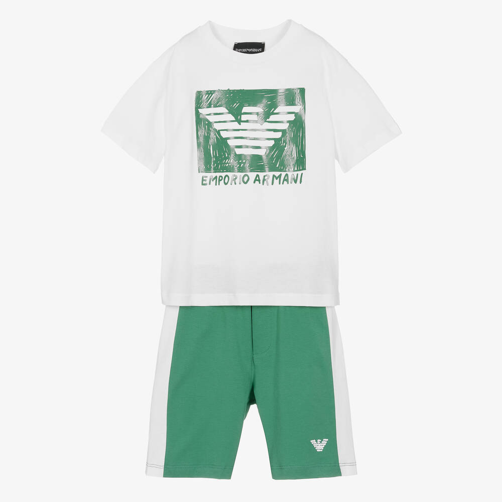 Emporio Armani - Boys Green & White Sketch Logo Shorts Set | Childrensalon
