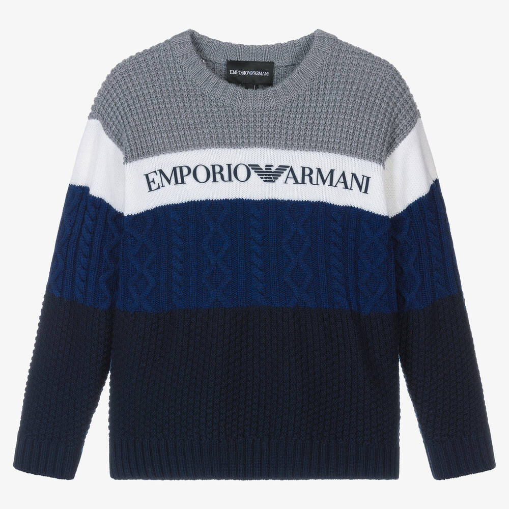 Emporio Armani - Boys Grey & Blue Wool Knit Sweater | Childrensalon