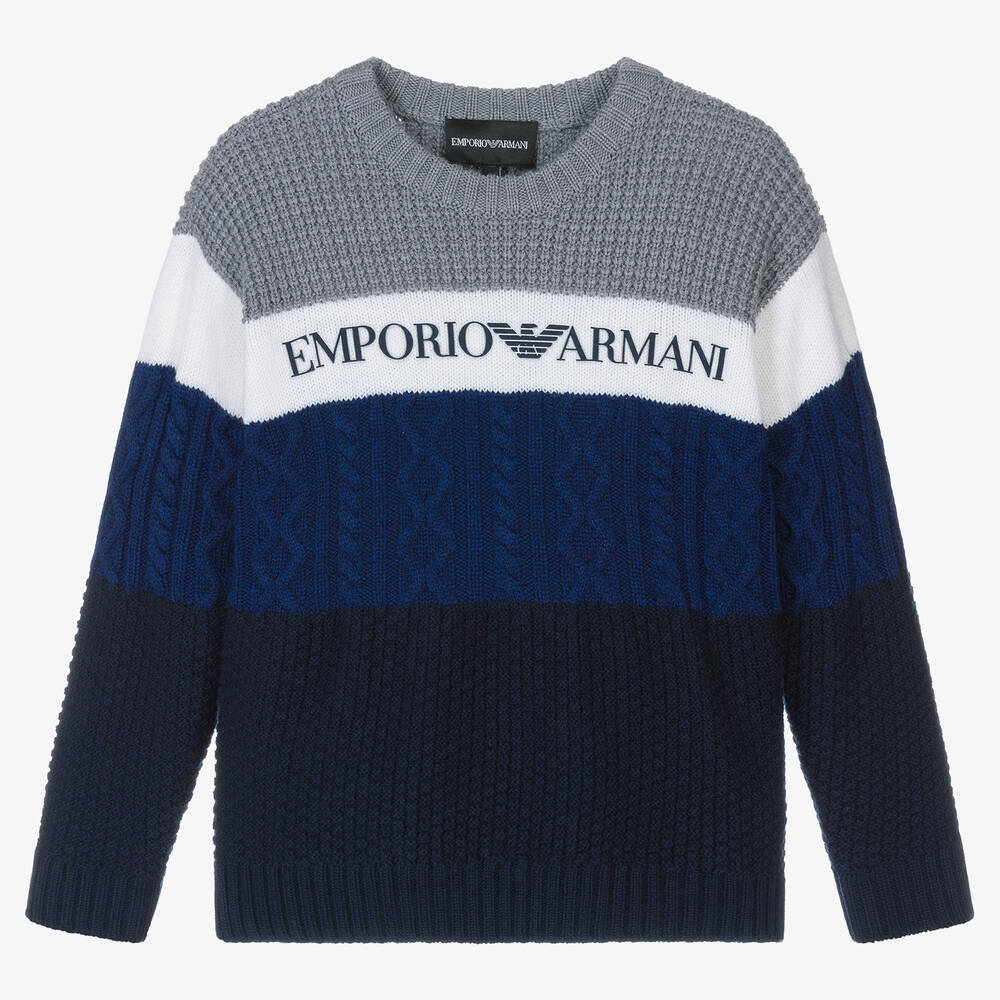 Emporio Armani - بلوفر مزيج صوف محبوك لون أزرق ورمادي للأولاد | Childrensalon