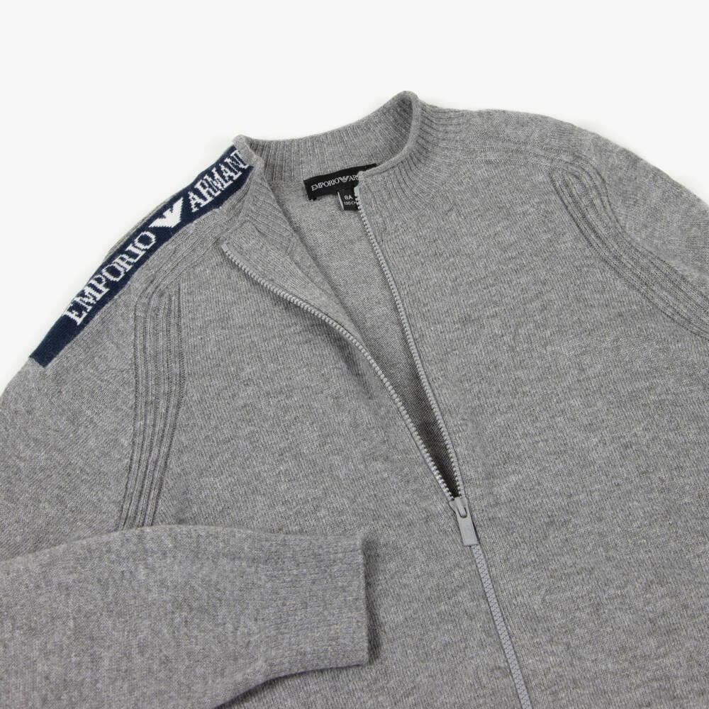 Emporio Armani-Boys Grey Fine Knit Zip-Up Top with Logo | Childrensalon Outlet