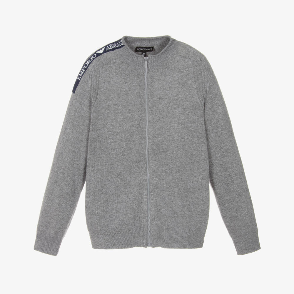 Emporio Armani-Boys Grey Fine Knit Zip-Up Top with Logo | Childrensalon Outlet