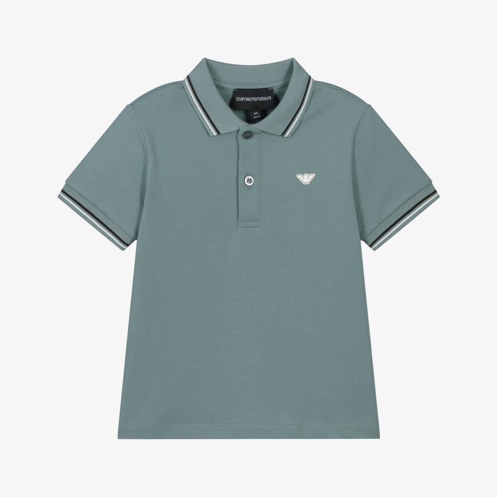 Emporio Armani-Boys Grey-Green Cotton Piqué Polo Shirt with White Eagle Logo | Childrensalon Outlet