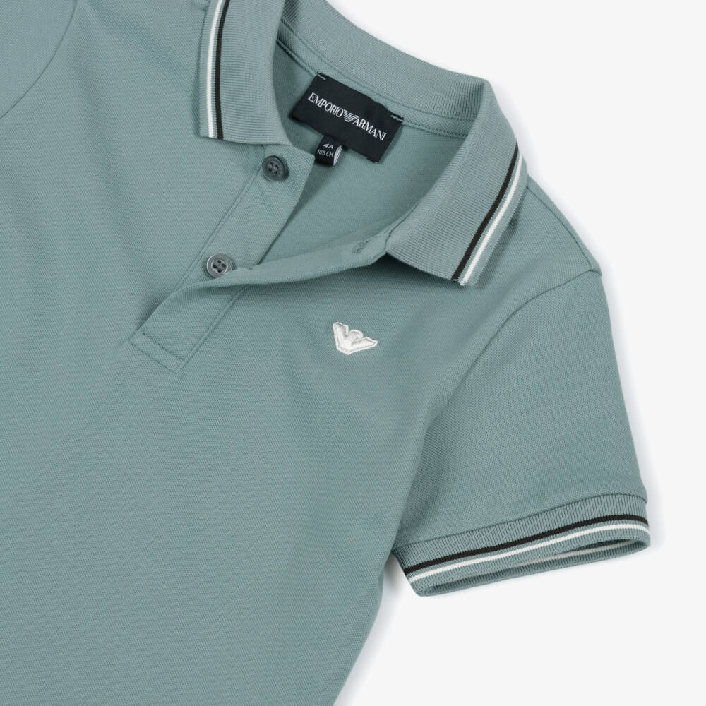 Emporio Armani-Boys Grey-Green Cotton Piqué Polo Shirt with White Eagle Logo | Childrensalon Outlet