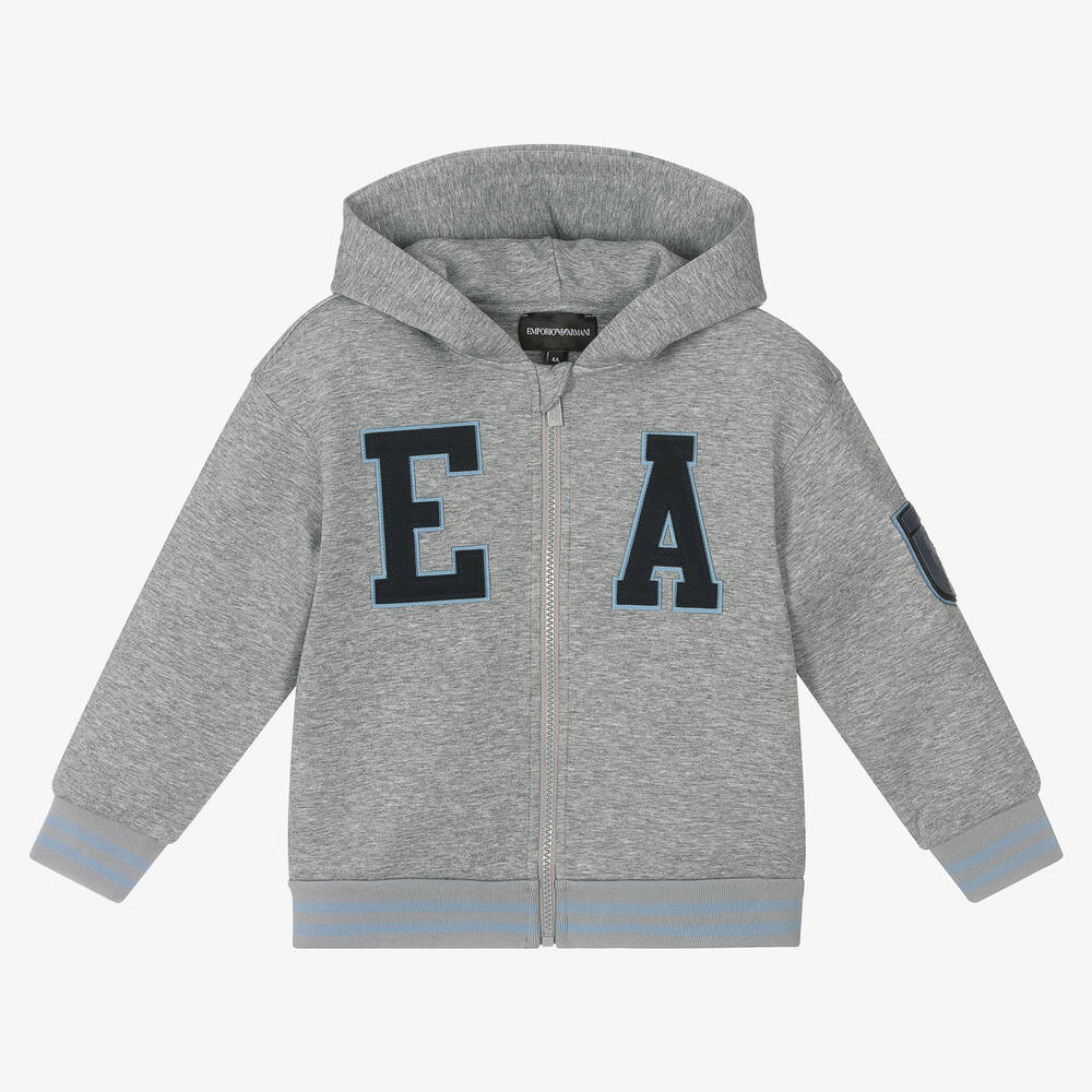 Emporio Armani - Boys Grey Hooded Zip-Up Top | Childrensalon