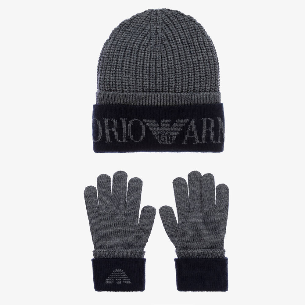 Emporio Armani - Boys Grey & Navy Blue Wool Knit Hat Set  | Childrensalon